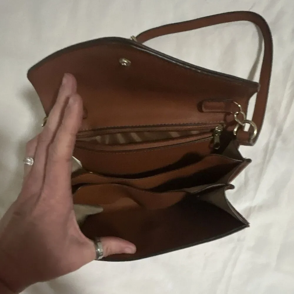 Women’s Brown Envelope Flap Shoulder Bag Snap Closure Gold Hardware Pockets